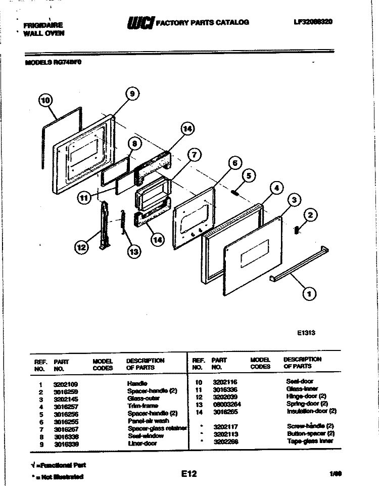 DOOR Diagram and Parts List for RG74BF0  Frigidaire Wall Oven