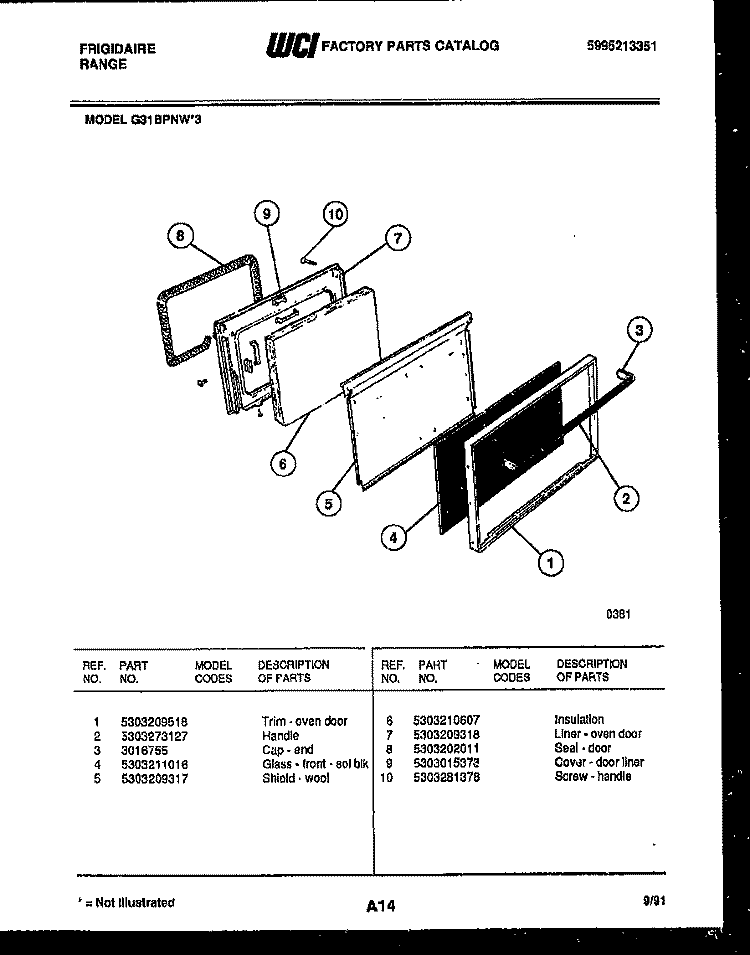 DOOR PARTS Diagram and Parts List for G31BPNL3  Frigidaire Range