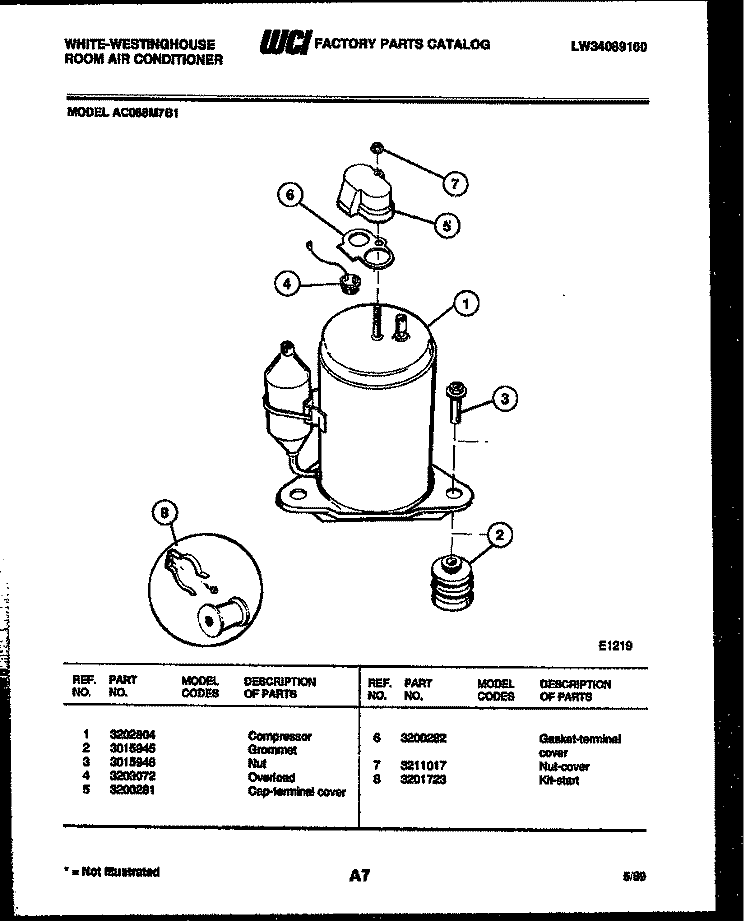 COMPRESSOR PARTS Diagram and Parts List for AC088M7B1  Frigidaire Air Conditioner