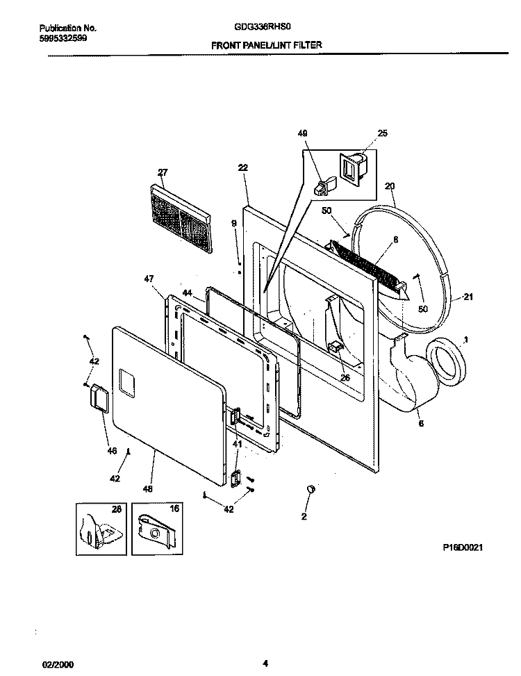 P16D0021 FRNT PNL, DOOR Diagram and Parts List for GDG336RHS0  Gibson Dryer