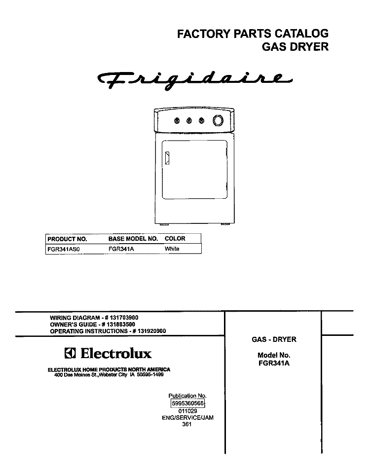COVER Diagram and Parts List for FGR341AS0  Frigidaire Dryer