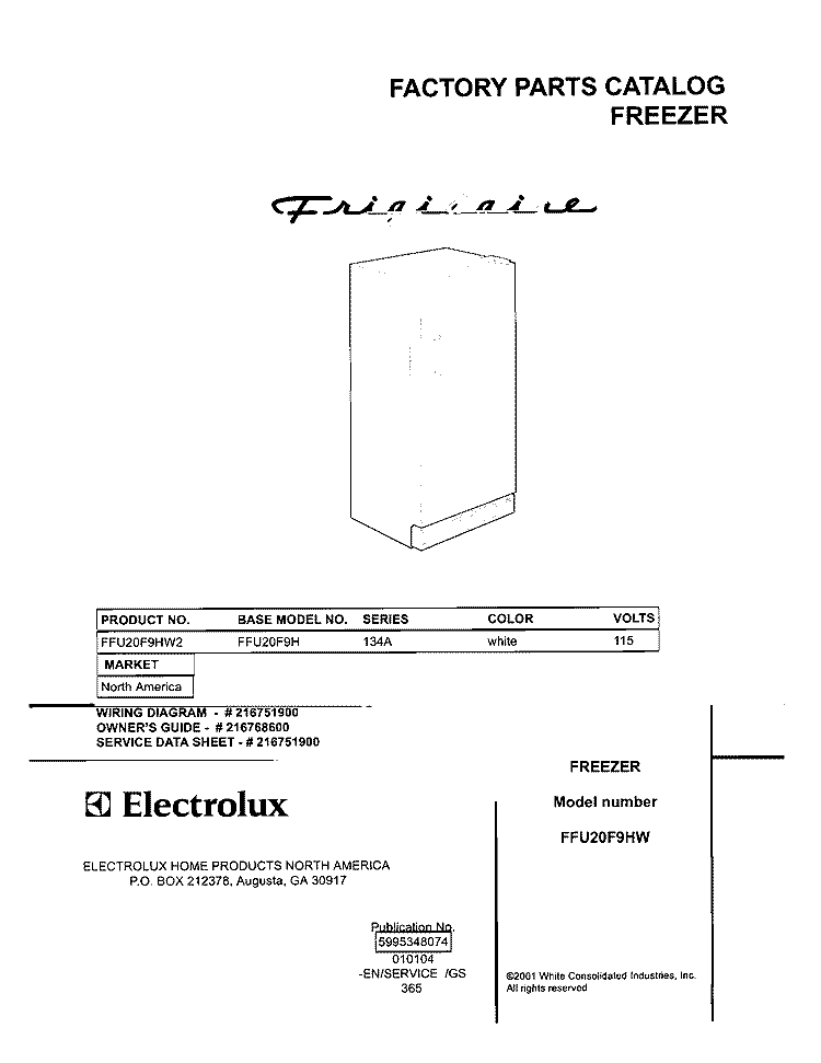 COVER Diagram and Parts List for FFU20F9HW2  Frigidaire Freezer