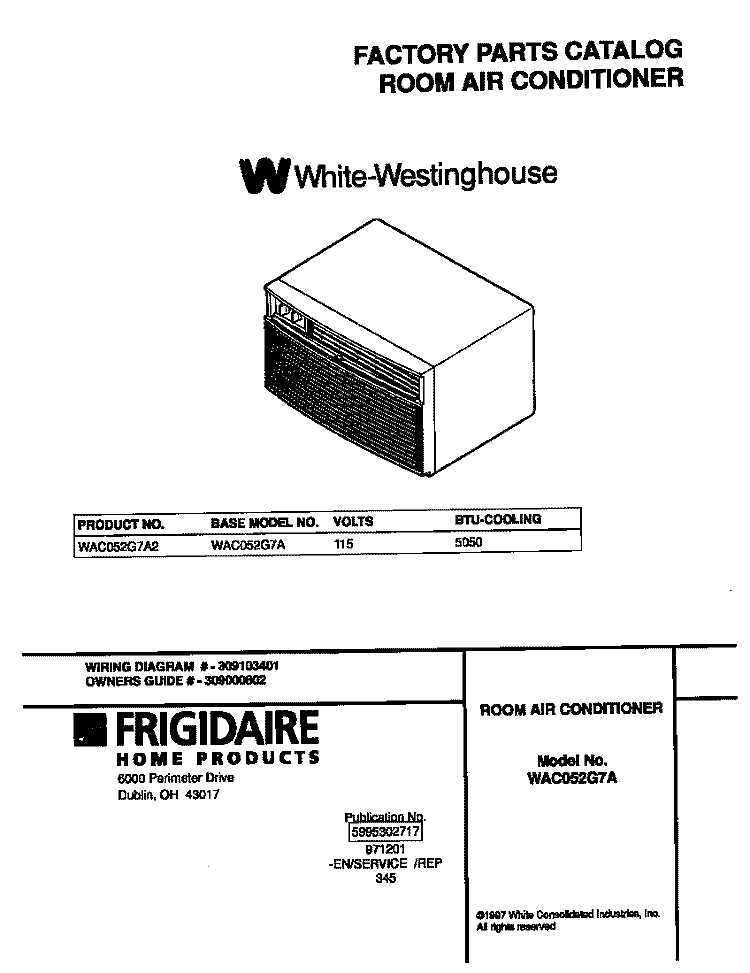 COVER Diagram and Parts List for WAC052G7A2  Frigidaire Air Conditioner