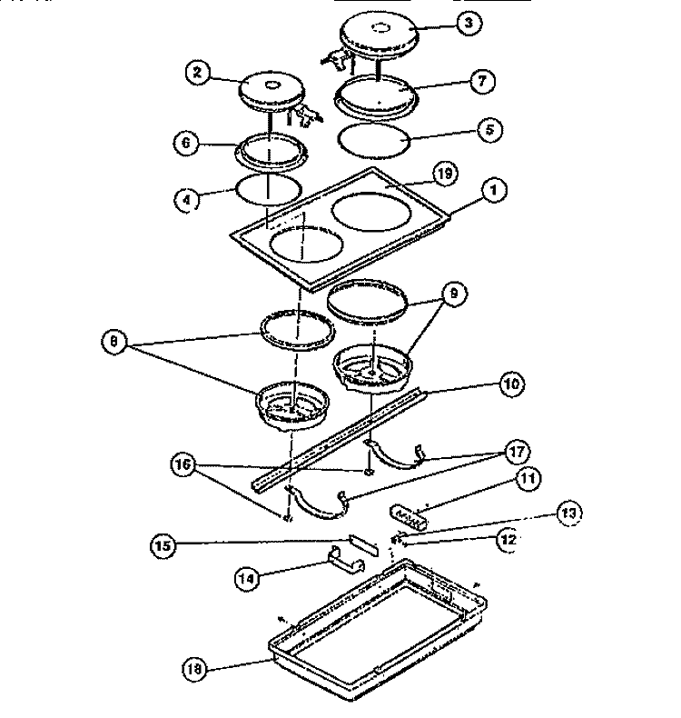 TOP FRAME, ELEMENTS Diagram and Parts List for RBD139NM0  Frigidaire Cooktop
