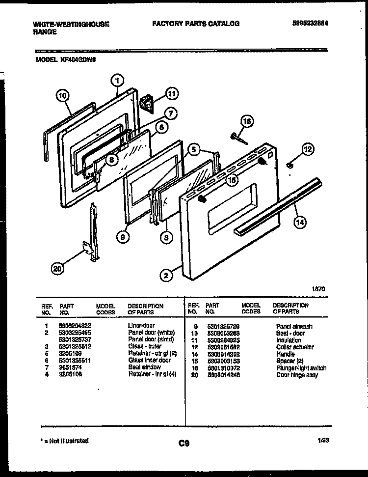 DOOR PARTS Diagram and Parts List for KF404GDW6  Frigidaire Range