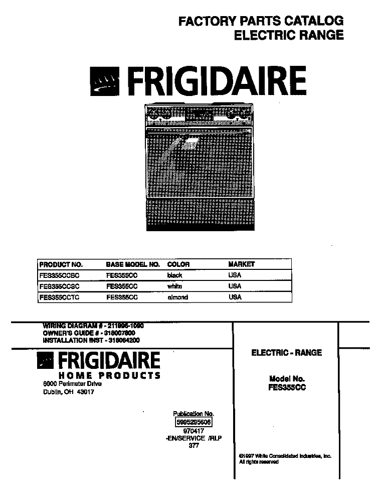 COVER Diagram and Parts List for FES355CCBC  Frigidaire Range