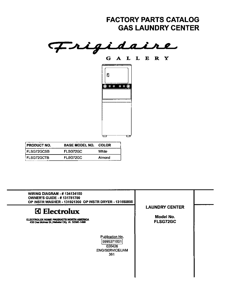 COVER Diagram and Parts List for FLSG72GCTB  Frigidaire Washer Dryer Combo