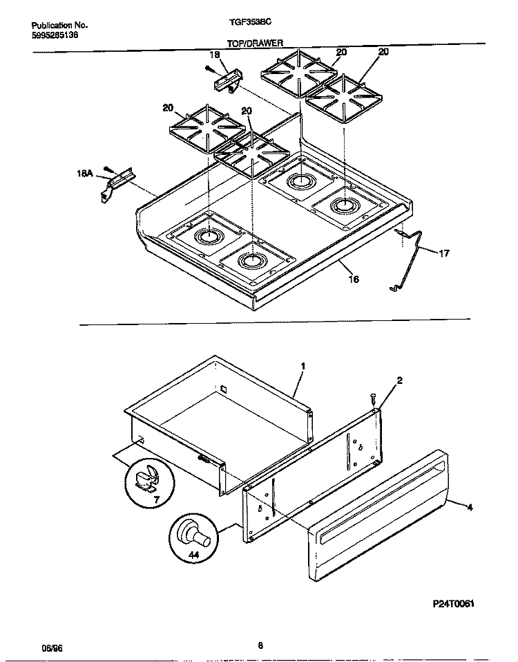 TOP / DRAWER Diagram and Parts List for TGF353BCWC  Tappan Range