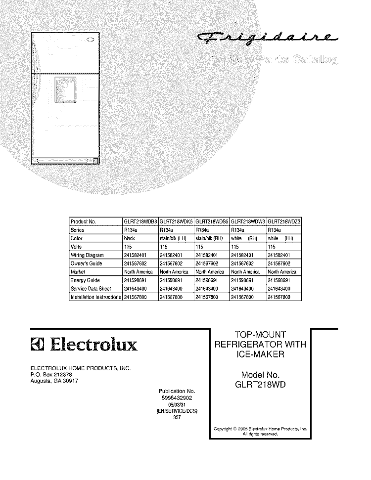 COVER Diagram and Parts List for GLRT218WDZ3  Frigidaire Refrigerator