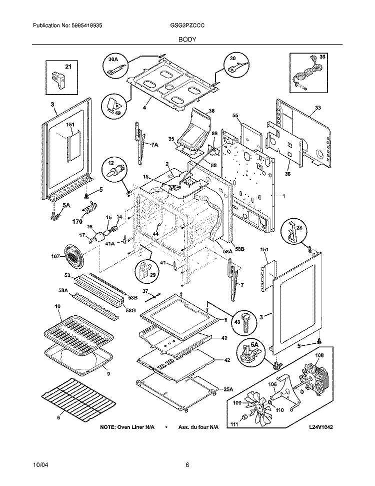 BODY Diagram and Parts List for GSG3PZCCC  Frigidaire Range