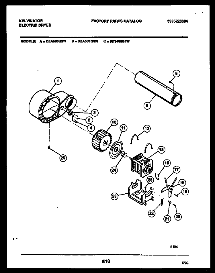 MOTOR AND BLOWER PARTS Diagram and Parts List for DEA501G3W  Kelvinator Dryer