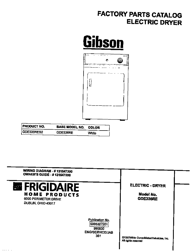 COVER Diagram and Parts List for GDE336RES2  Gibson Dryer