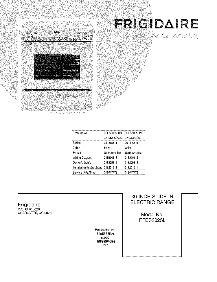 COVER Diagram and Parts List for FFES3025LWB  Frigidaire Wall Oven