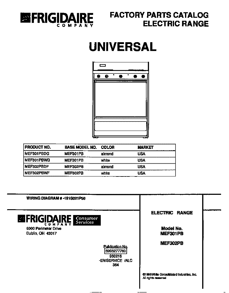 COVER Diagram and Parts List for MEF302PBWF  Frigidaire Range