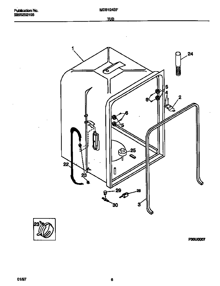 TUB Diagram and Parts List for MDB124BFR1  Frigidaire Dishwasher