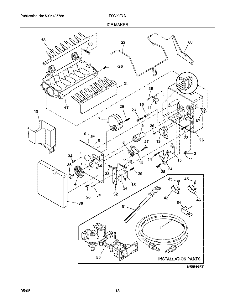 ICE MAKER Diagram and Parts List for FSC23F7DW5  Frigidaire Refrigerator