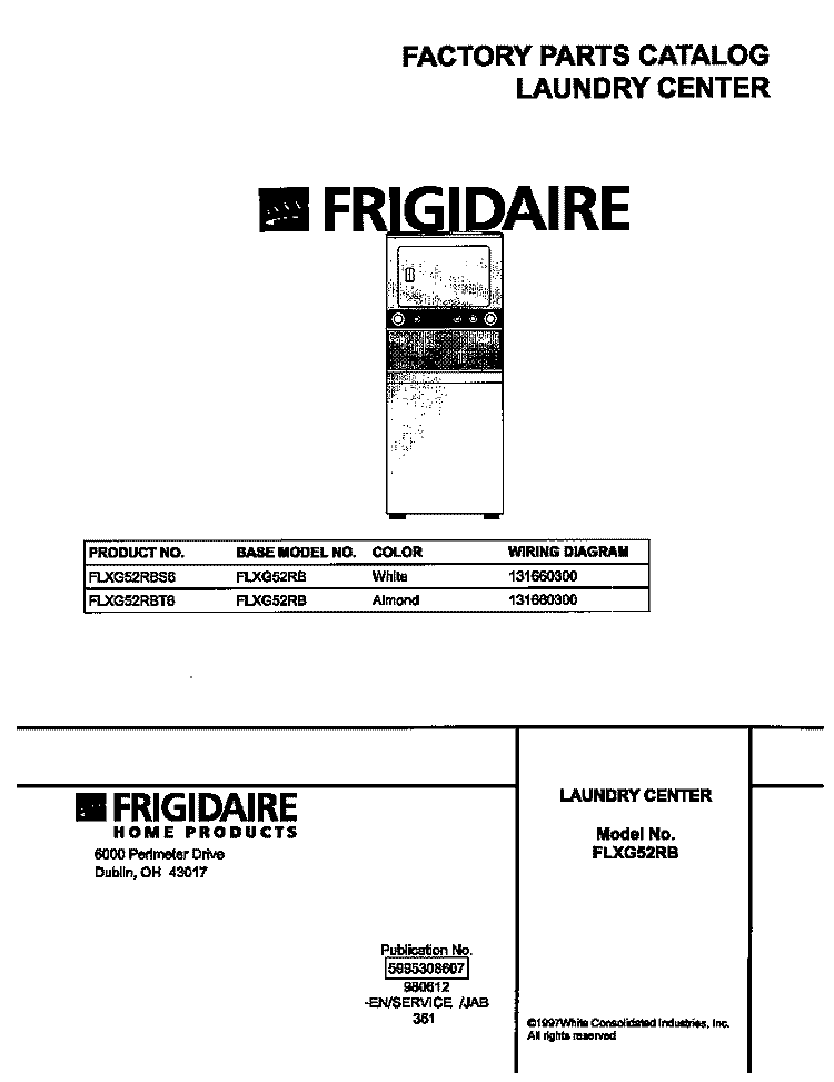 COVER Diagram and Parts List for FLXG52RBS6  Frigidaire Washer Dryer Combo