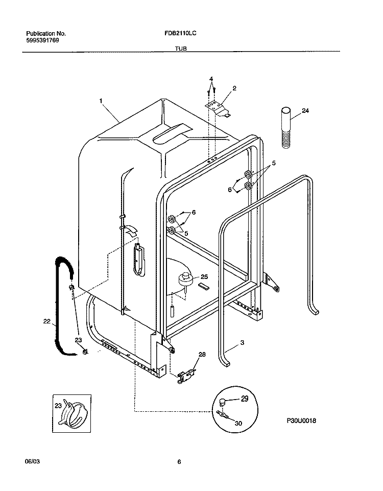 TUB Diagram and Parts List for FDB2110LCS0  Frigidaire Dishwasher