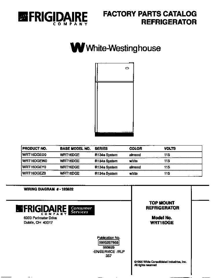 COVER Diagram and Parts List for WRT16DGEW0  Frigidaire Refrigerator