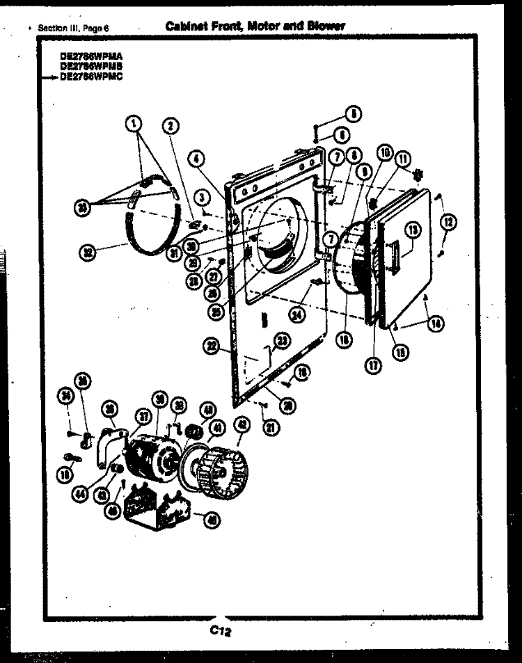 CABINET FRONT, MOTOR AND BLOWER Diagram and Parts List for DE27S6WPMC  Gibson Dryer