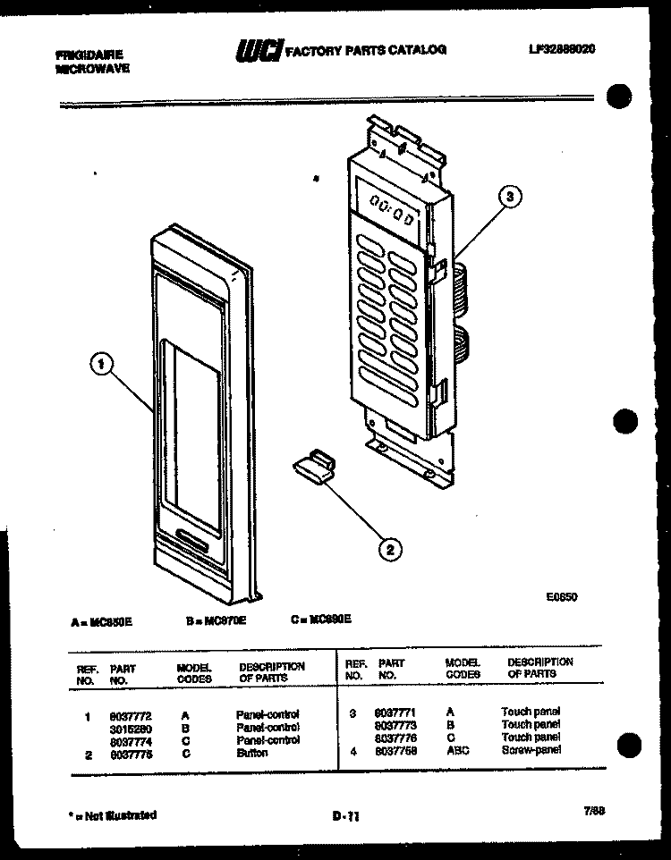 CONTROL PANEL Diagram and Parts List for MC890E1  Frigidaire Microwave