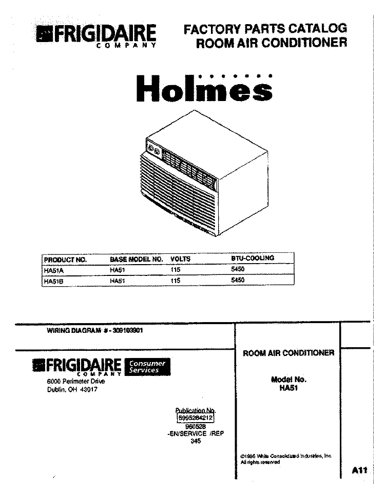 COVER Diagram and Parts List for HA51A  Frigidaire Air Conditioner