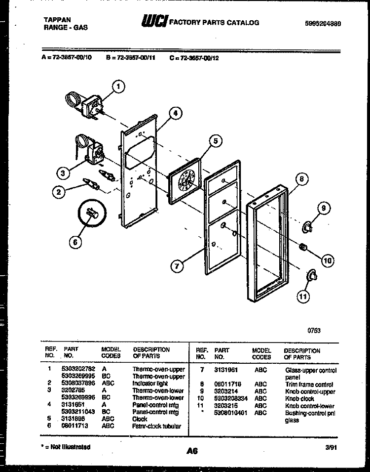 CONTROL PANEL Diagram and Parts List for 72-3657-00-10  Tappan Range