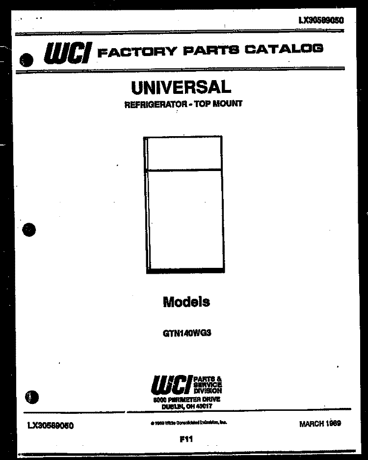 COVER Diagram and Parts List for GTN140WG3  Frigidaire Refrigerator