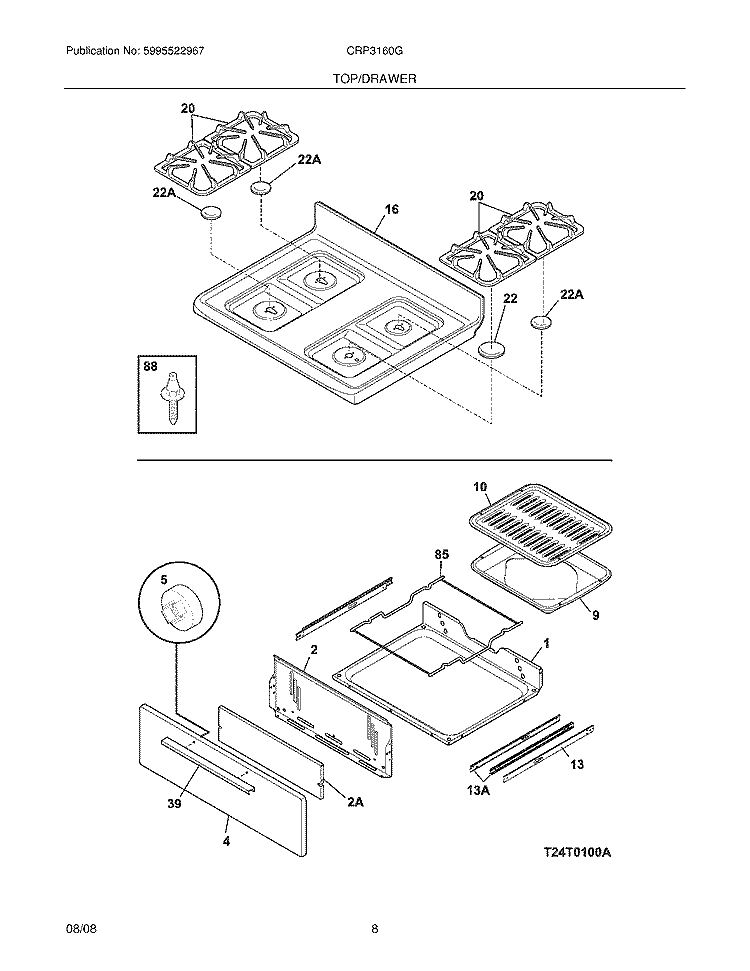 TOP/DRAWER Diagram and Parts List for CRP3160GWWB  Crosley Range