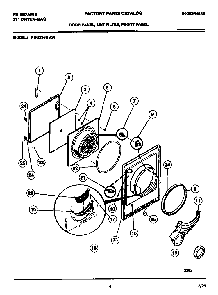 DOOR PANEL, LINT FILTER, FRONT PANE Diagram and Parts List for FDG216RBS1  Frigidaire Dryer