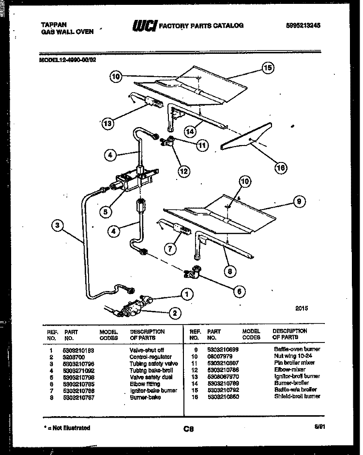 GAS CONTROL Diagram and Parts List for 12-4990-00-02  Tappan Wall Oven