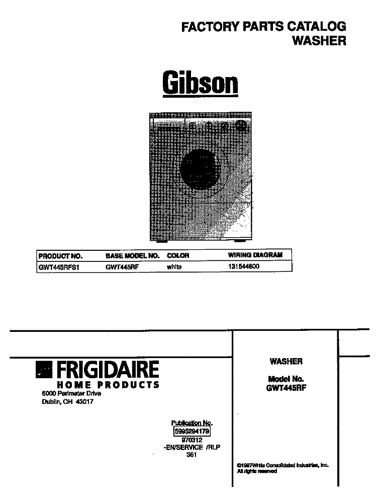 COVER Diagram and Parts List for GWT445RFS1  Gibson Washer