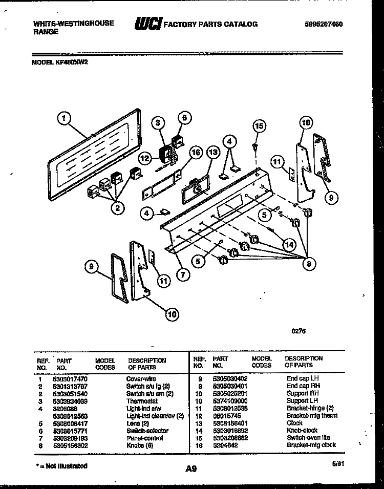 CONTROL PANEL Diagram and Parts List for KF480ND2  Frigidaire Range