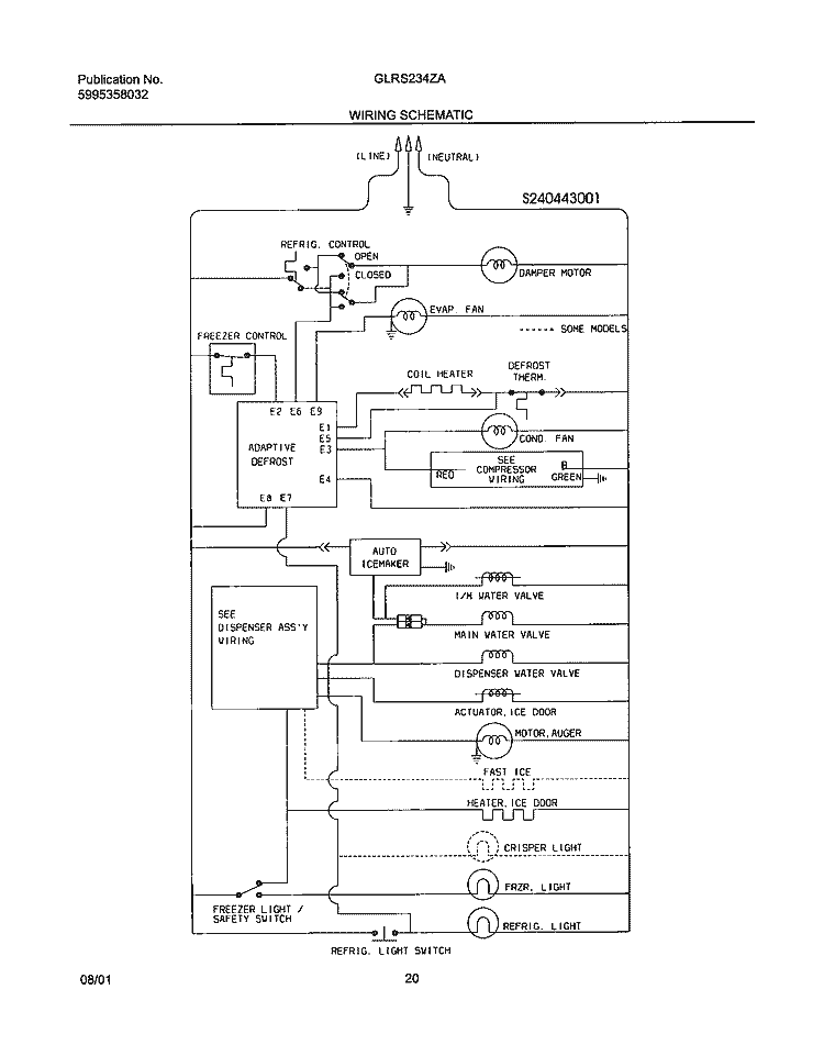 WIRING SCHEMATIC Diagram and Parts List for GLRS234ZAW2  Frigidaire Refrigerator