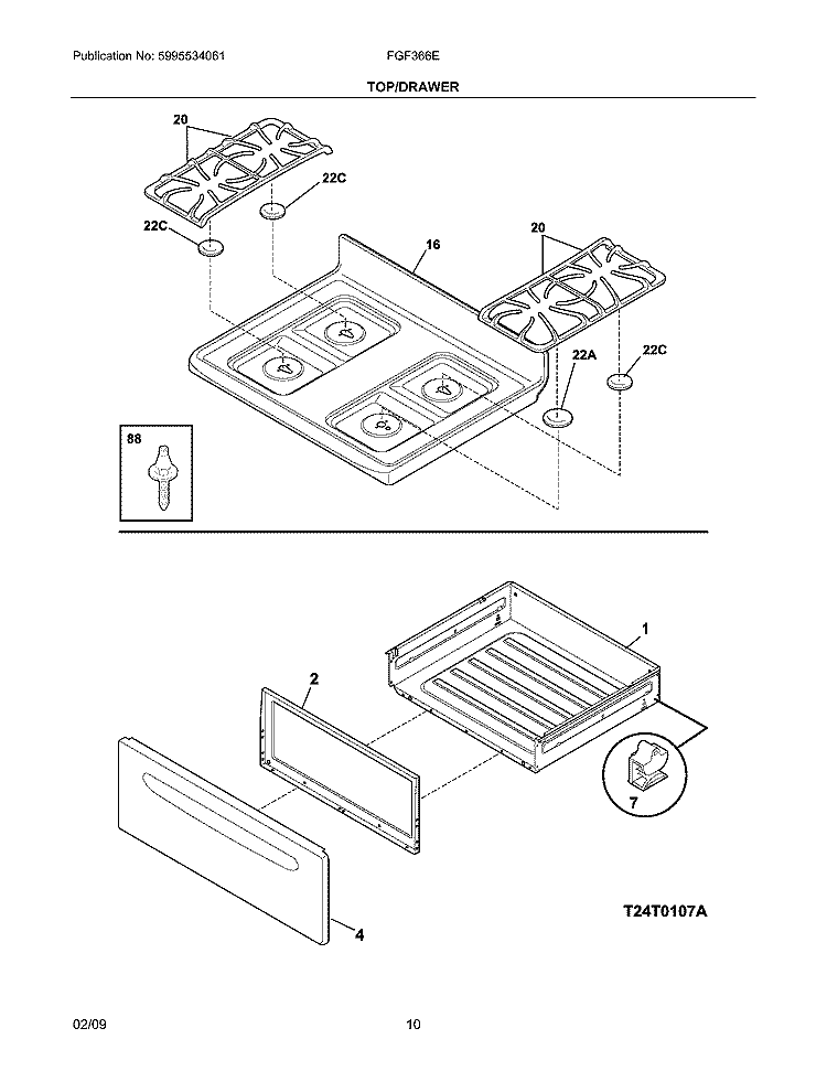 TOP/DRAWER Diagram and Parts List for FGF366EBH  Frigidaire Range