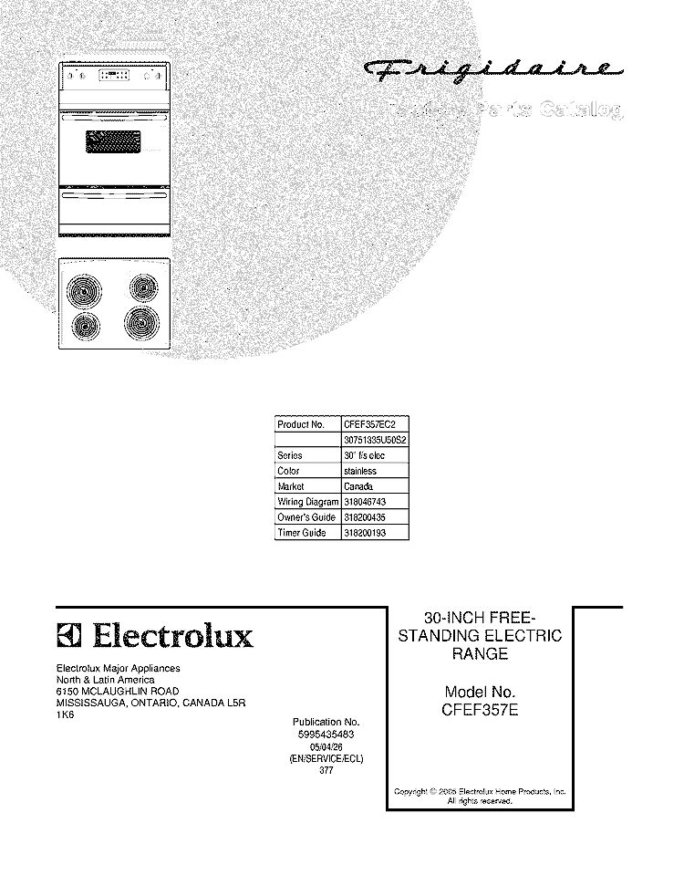 COVER Diagram and Parts List for CFEF357EC2  Frigidaire Range