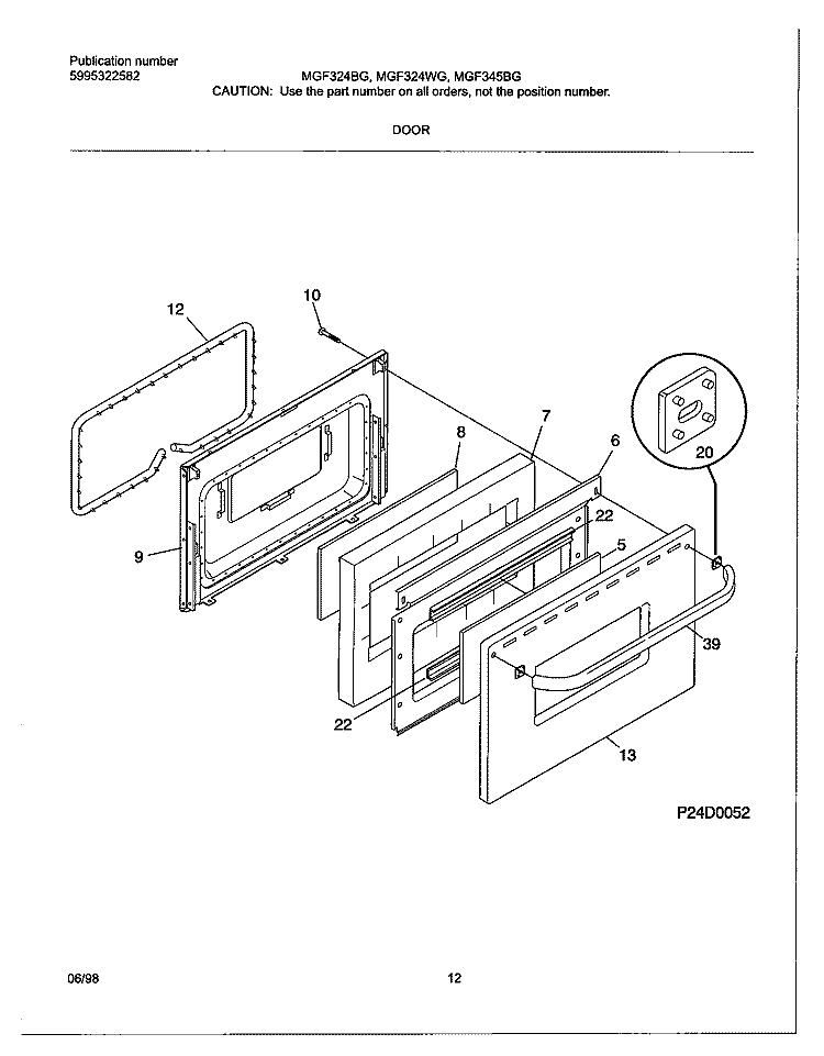 DOOR Diagram and Parts List for MGF324WGSE  Frigidaire Range