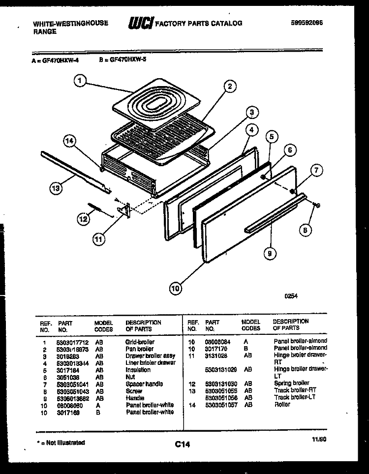 BROILER DRAWER PARTS Diagram and Parts List for GF470HXD5  Frigidaire Range