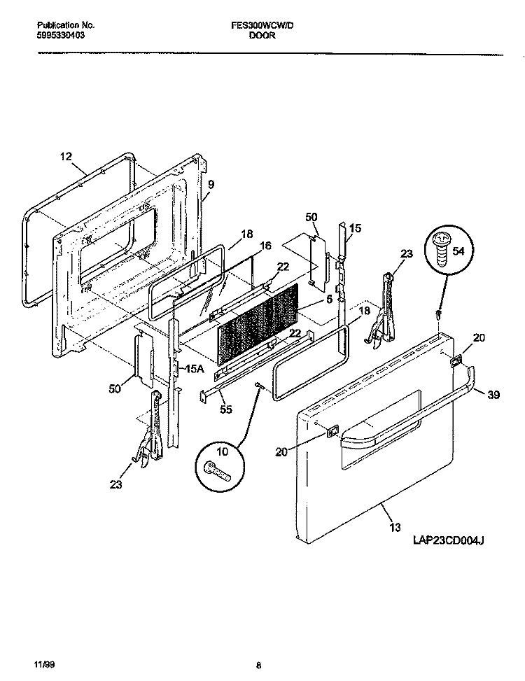 DOOR Diagram and Parts List for FES300WCDH  Frigidaire Range