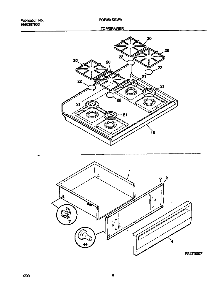 TOP / DRAWER Diagram and Parts List for FGF351SGWA  Frigidaire Range