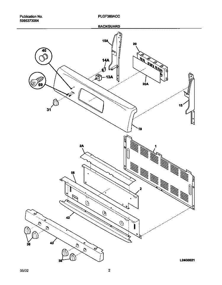 BACKGUARD Diagram and Parts List for PLGF389ACC  Frigidaire Range
