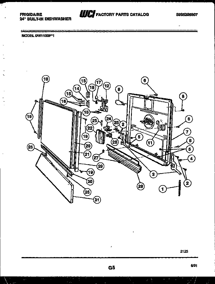 DOOR PARTS Diagram and Parts List for DW1100PW1  Frigidaire Dishwasher