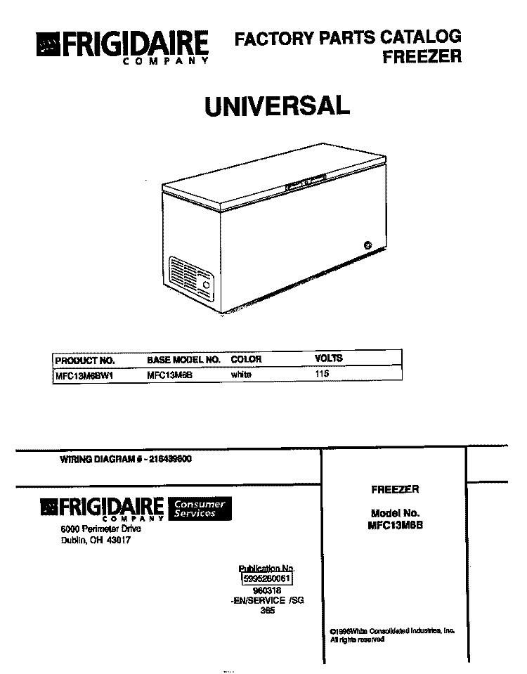 COVER Diagram and Parts List for MFC13M6BW1  Frigidaire Freezer