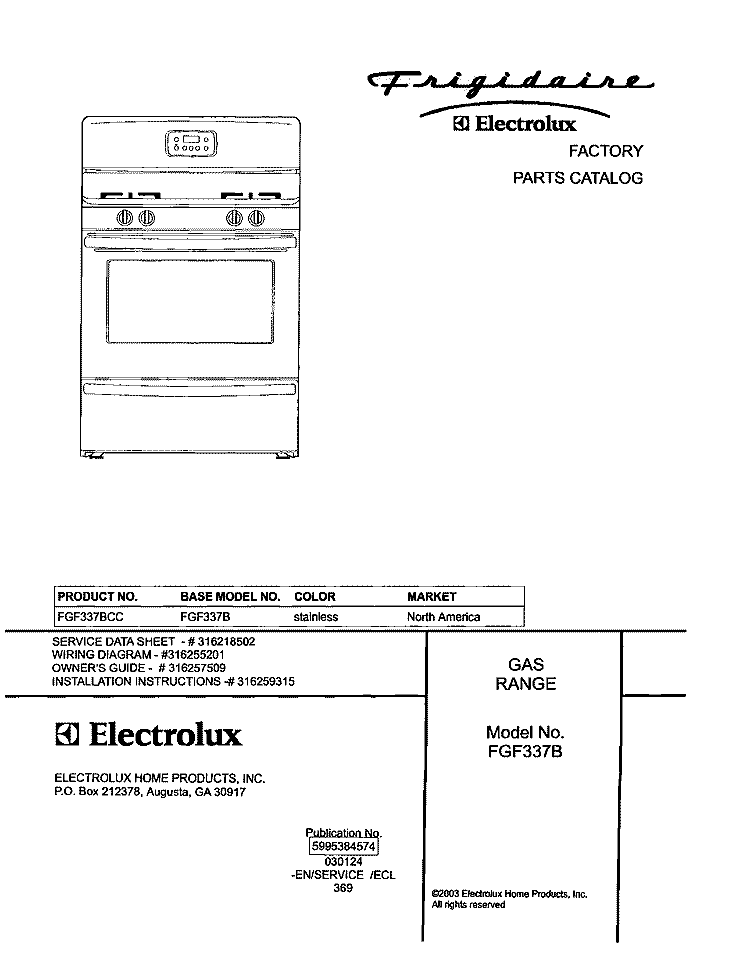 COVER Diagram and Parts List for FGF337BCC  Frigidaire Range