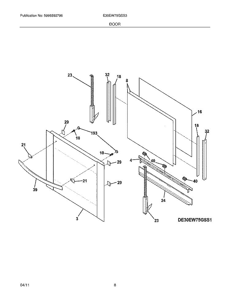 DOOR Diagram and Parts List for E30EW75GSS3  Electrolux Wall Oven