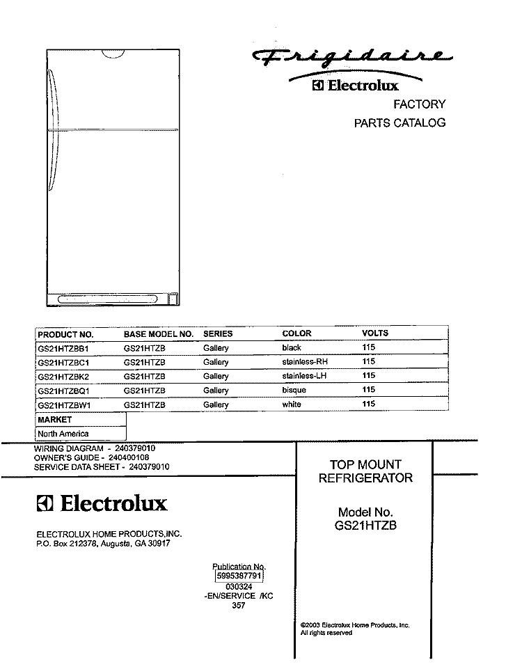 COVER Diagram and Parts List for GS21HTZBC1  Frigidaire Refrigerator