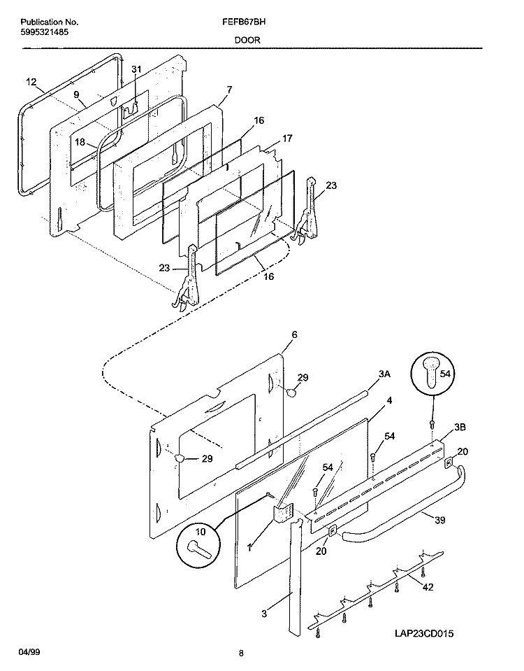 DOOR Diagram and Parts List for FEFB67BHDA  Frigidaire Range
