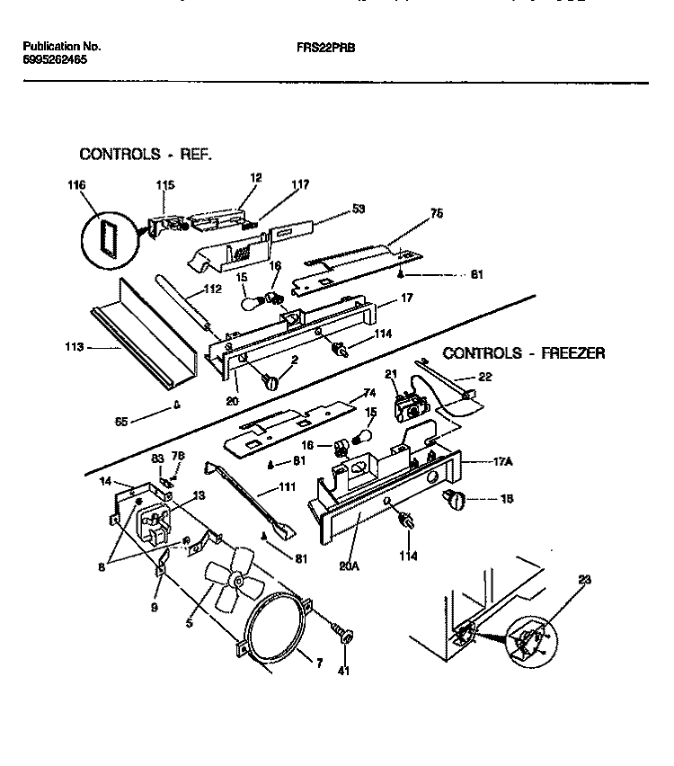 CONTROLS, DAMPER, FAN SECTION Diagram and Parts List for FRS22PRBD1  Frigidaire Refrigerator