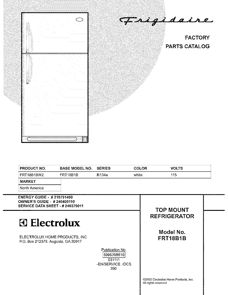 COVER Diagram and Parts List for FRT18B1BW2  Frigidaire Refrigerator