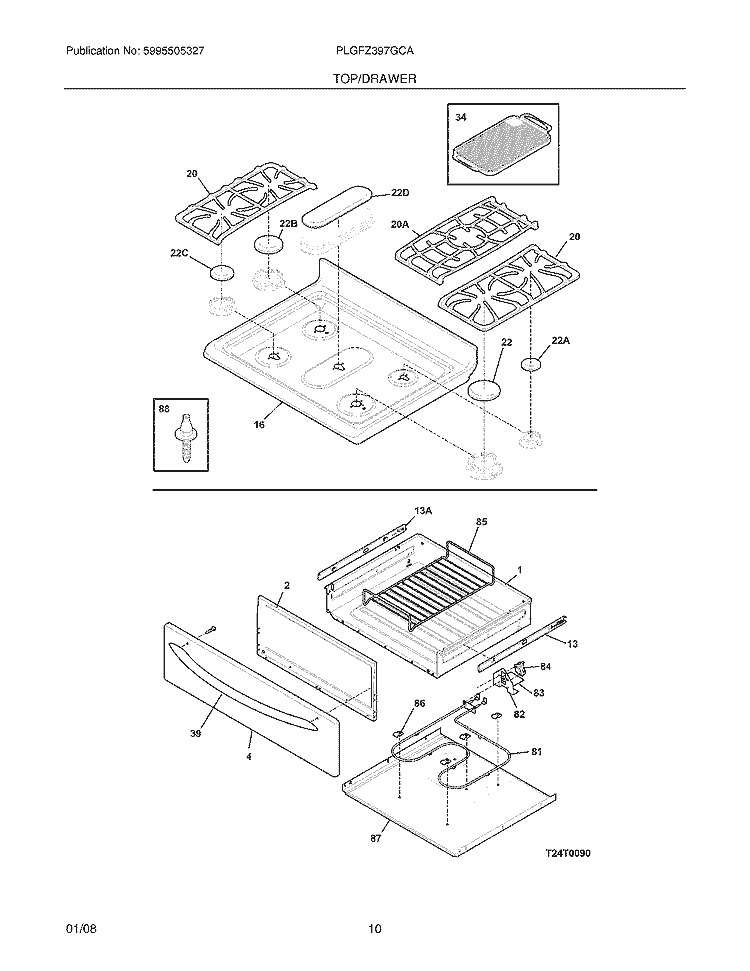 TOP / DRAWER Diagram and Parts List for PLGFZ397GCA  Frigidaire Range